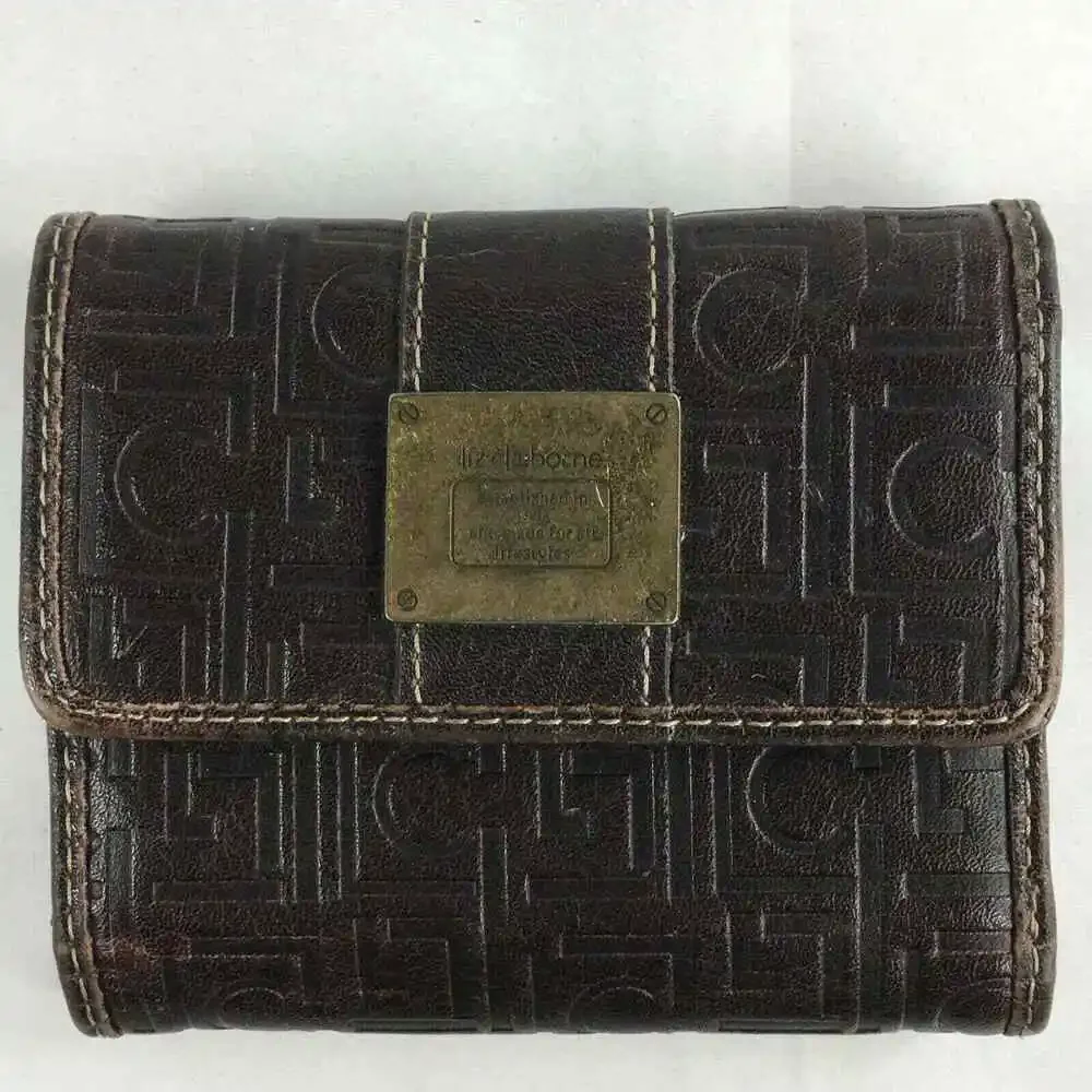 Liz Claiborne Wallet Womens Small Brown LC Logo‎ Vintage Embossed Tri-Fold